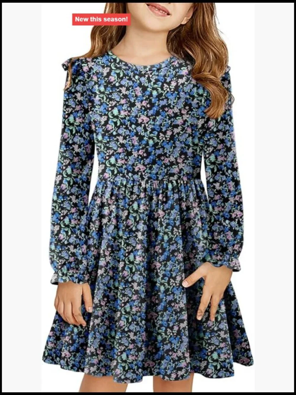 Girls Long Sleeve Ruffle Skater Dress Cotton Blend Lightweight